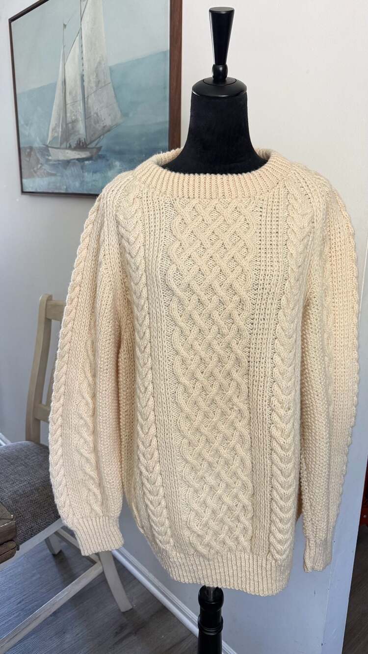 Inverallan Hand Knitters Limited Cream Pure New Wool Aran Cable Knit  Sweater